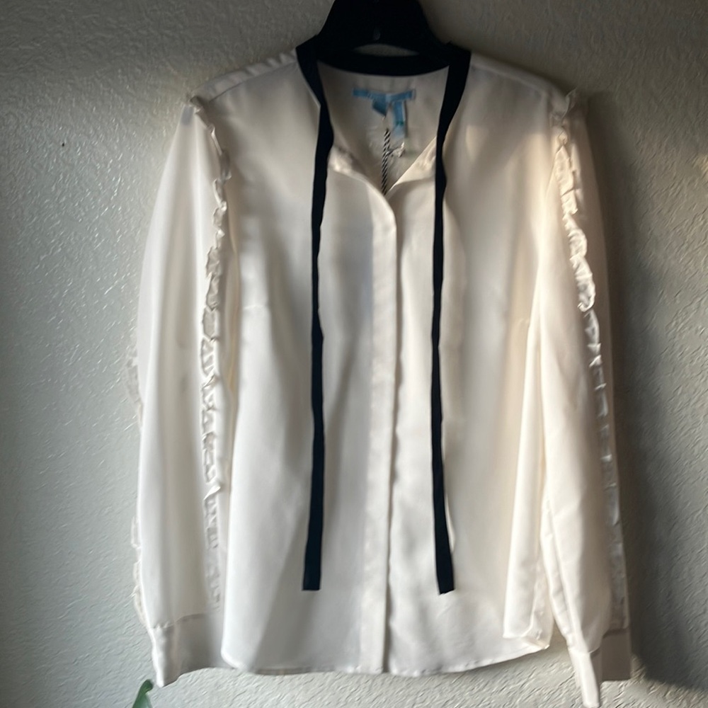 Draper James Willow White Ruffle Sleeve Black Bow Button Down Shirt women 12